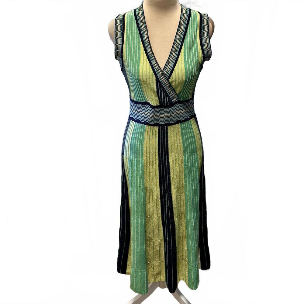 L'ATISTE Sparkly Metallic Chevron Striped Ribbed Knit Midi Dress Mod Retro Glam